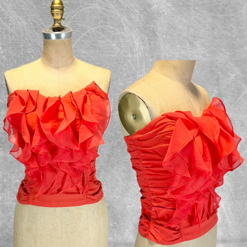 VINTAGE tangerine ruffle frilly top strapless corset style zipper back y2k party